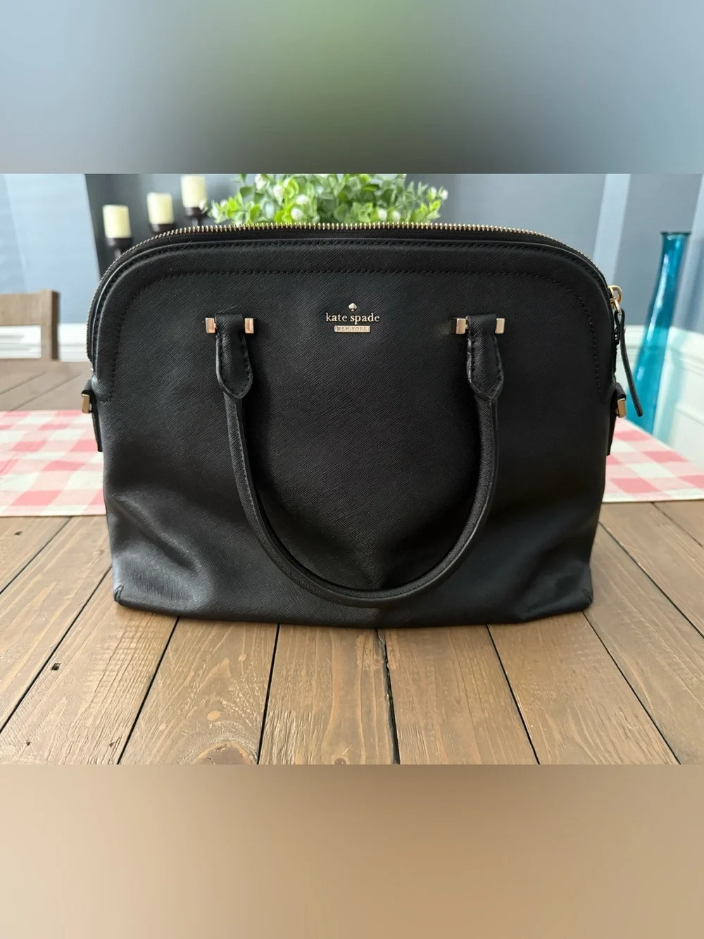 kate spade Black Saffiano Leather Dome Satchel with Gold Hardware